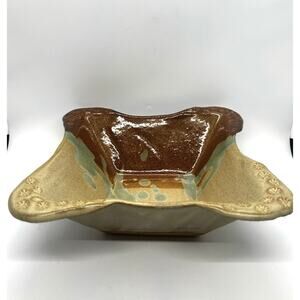 Vintage MCM Square Fluted Art Pottery Glazed Two Toned Bowl Dish Brown Beige
